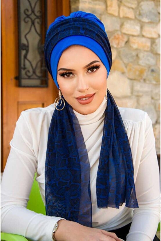 Saks Mavi Siyah Leopar Desen Fularlı Bone