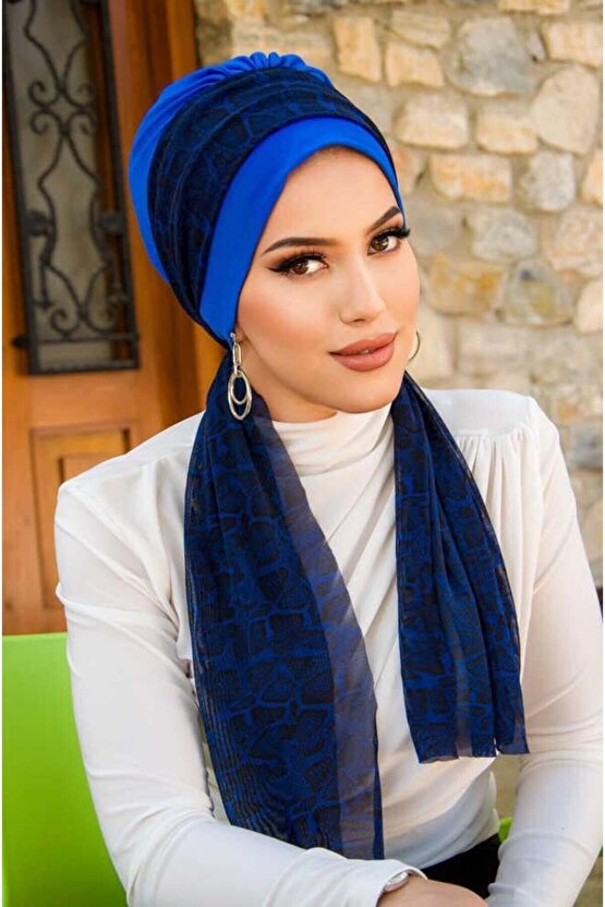 Saks Mavi Siyah Leopar Desen Fularlı Bone