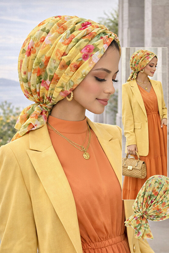 Sarı Çiçek Desenli Tokalı Bone