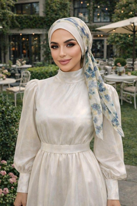 Taş Mavi Batik Desen Fularlı Bone