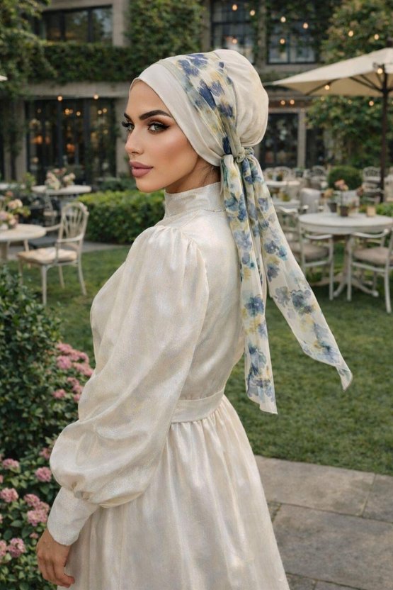 Taş Mavi Batik Desen Fularlı Bone