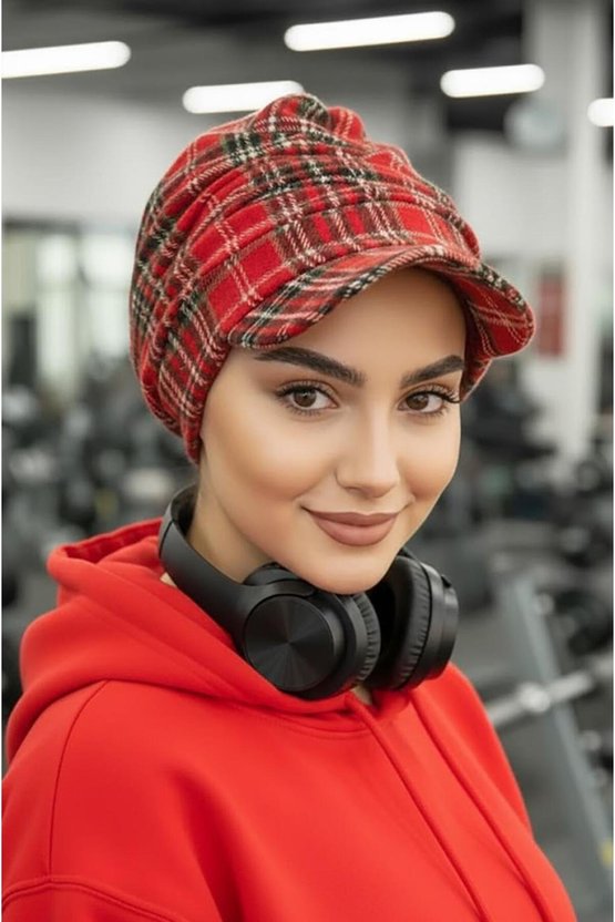 Kırmızı Ekose Desen Tesettür Şapka