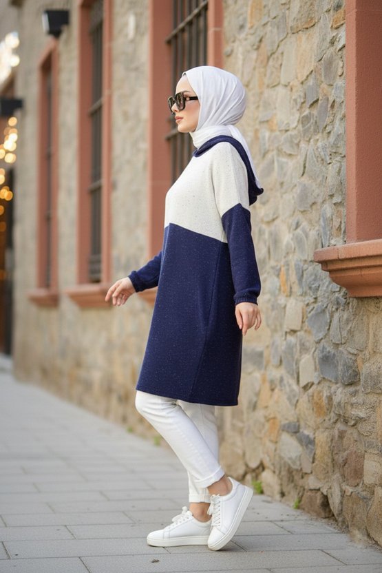 Lacivert Beyaz Spor Sweat - 10200