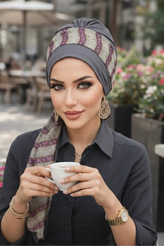Gri Pudra Fularlı Bone
