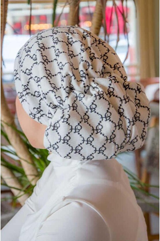 Beyaz Hat Desen Çağla Hazır Türban