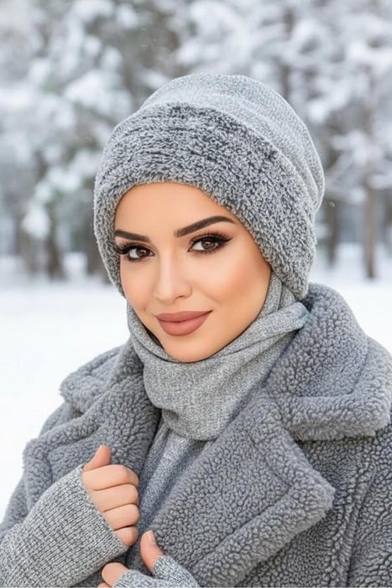 Gri Kürk Aksesuarlı Maskeli Tesettür Bere
