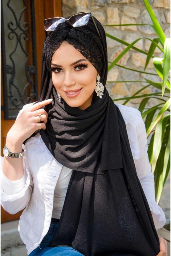 Siyah Dantelli Burgu Model Hazır Şal