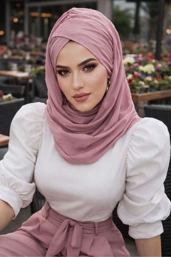 Pudra Ponpon Çapraz Bantlı Hazır Şal