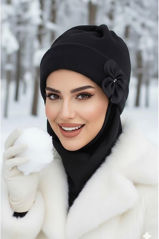 Siyah Çiçek Maskeli Bere