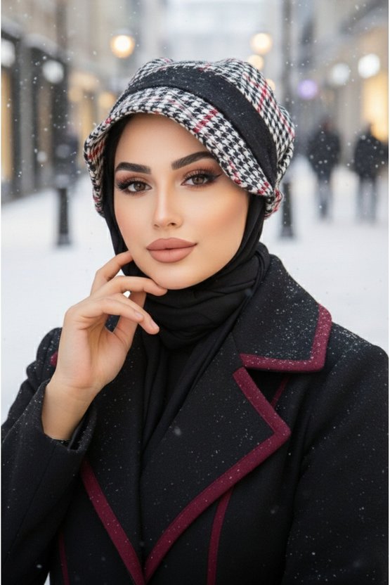 Siyah Kırmızı Kazayağı Desen Tesettür Şapka