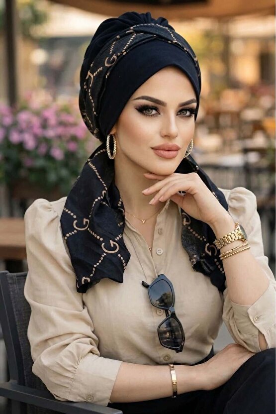 Siyah Marka Desen Fularlı Bone