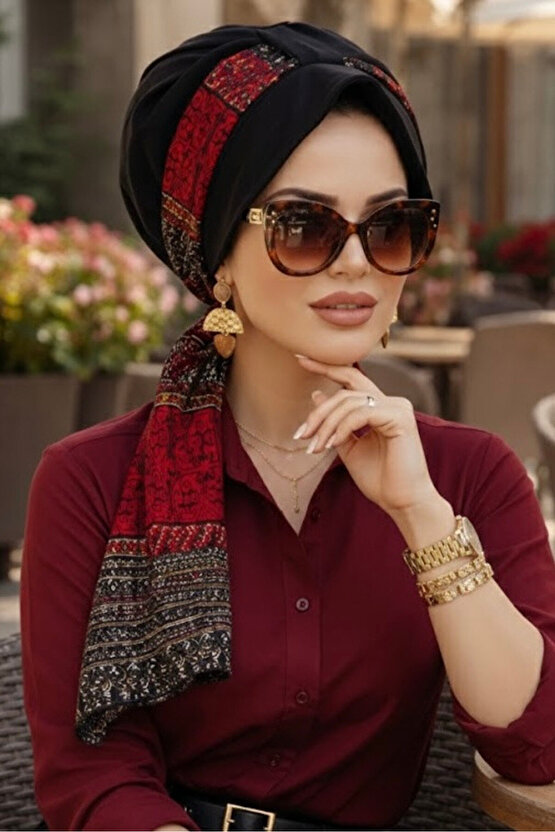 Siyah Bordo Etnik Desen Şapkalı Bone
