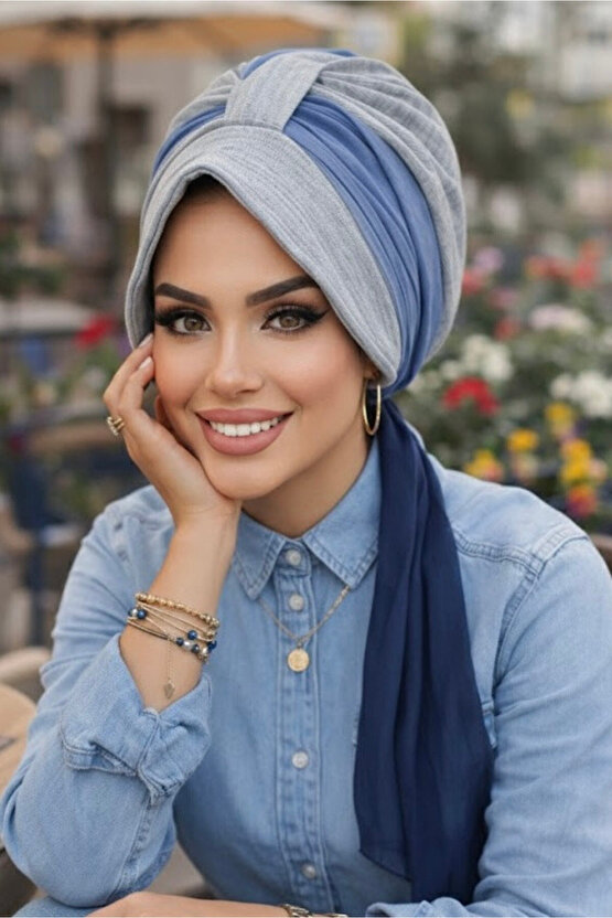 Gri Lacivert Batik Desen Batik Şapkalı Bone