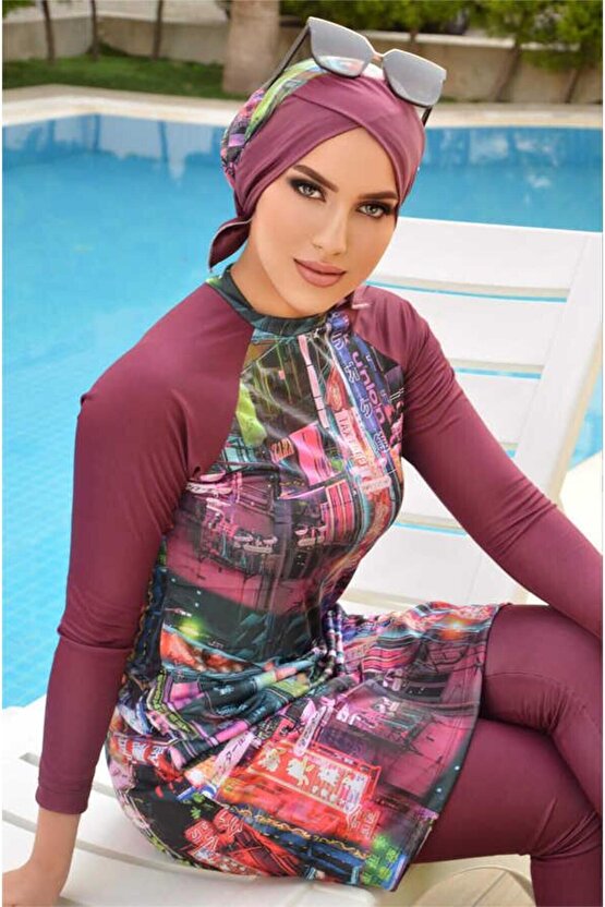 Bordo Tonlu Spor Desen Tesettür Mayo Takım