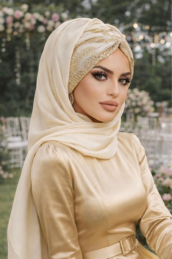 Ekru Gold Dantelli Hazır Şifon Şal