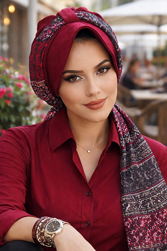 Bordo Etnik Desen Şapkalı Bone