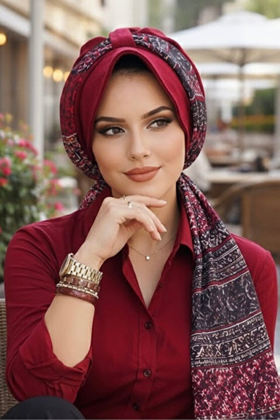 Bordo Etnik Desen Şapkalı Bone