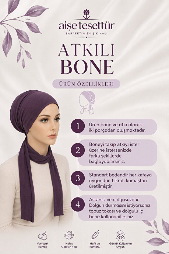 Mürdüm Buket Desenli Atkılı Bone