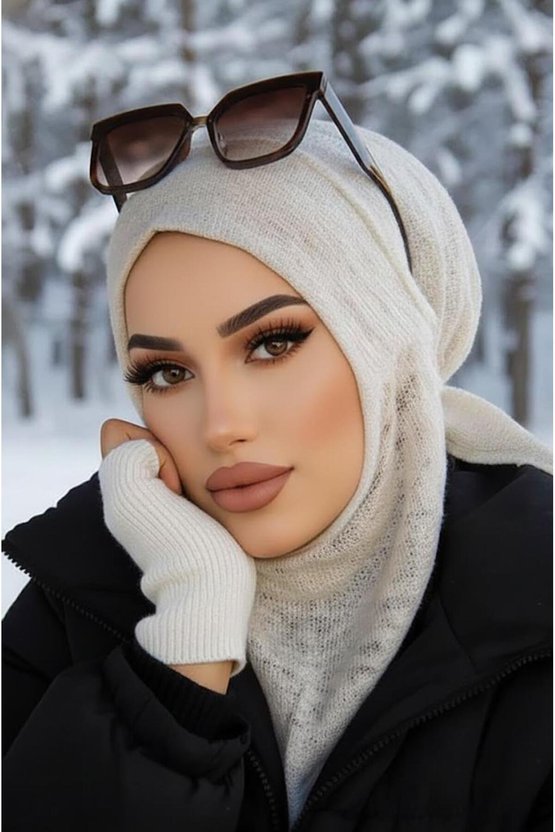 Beyaz Triko Kışlık Spor Bone Hijab
