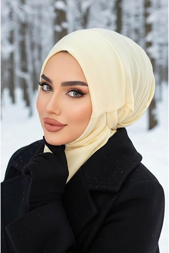 Krem Kışlık Spor Bone Hijab