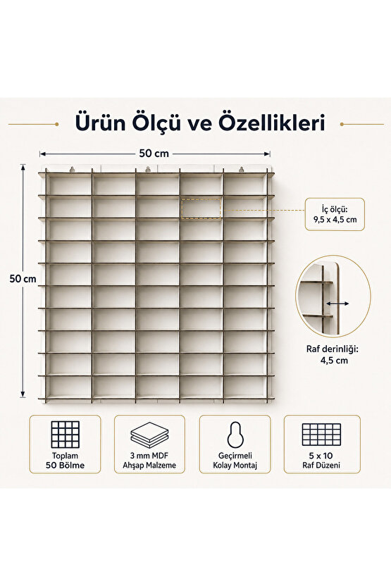 50 Bölmeli Oyuncak Araba Rafı 50x50 cm – 3 mm MDF Ahşap Duvara Monte Geçmeli Model Araç Sergileme Standı
