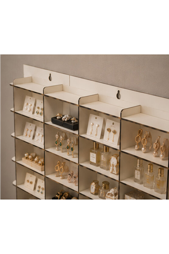 50 Bölmeli Takı ve Küpe Düzenleyici Duvar Rafı 50x50 cm – 3 mm MDF Ahşap Kolye Yüzük Aksesuar Organizer Standı