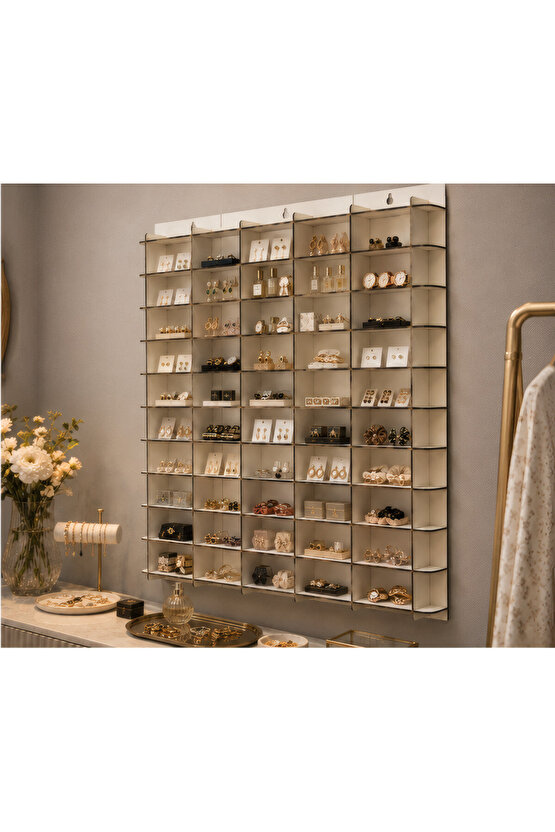 50 Bölmeli Takı ve Küpe Düzenleyici Duvar Rafı 50x50 cm – 3 mm MDF Ahşap Kolye Yüzük Aksesuar Organizer Standı