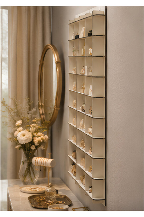 50 Bölmeli Takı ve Küpe Düzenleyici Duvar Rafı 50x50 cm – 3 mm MDF Ahşap Kolye Yüzük Aksesuar Organizer Standı