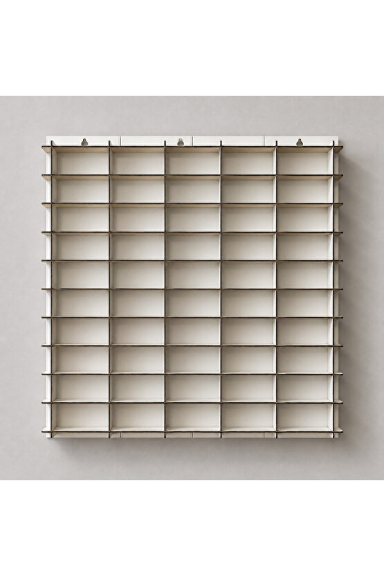 50 Bölmeli Makyaj Malzemesi ve Kozmetik Düzenleyici Duvar Rafı 50x50 cm – 3 mm MDF Ahşap Parfüm Oje Ruj Organizer Standı