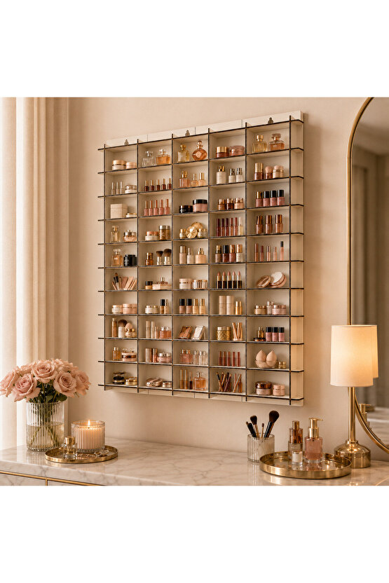 50 Bölmeli Makyaj Malzemesi ve Kozmetik Düzenleyici Duvar Rafı 50x50 cm – 3 mm MDF Ahşap Parfüm Oje Ruj Organizer Standı