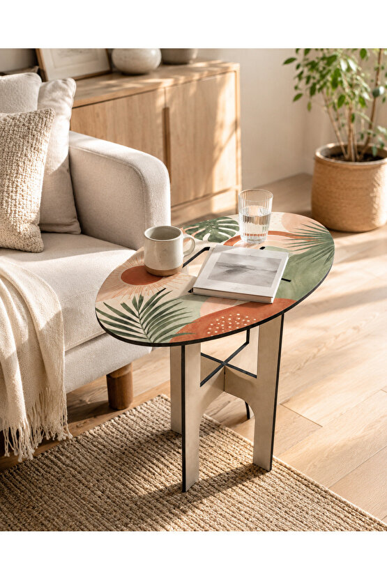 Bohem Tropikal Desenli Çok Amaçlı Geçmeli Yan Sehpa – 5 mm MDF, 3 Parça, Kolay Kurulum, Balkon Piknik Kamp Sahil Sehpası