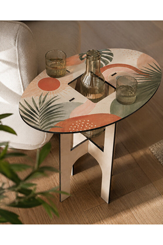 Bohem Tropikal Desenli Çok Amaçlı Geçmeli Yan Sehpa – 5 mm MDF, 3 Parça, Kolay Kurulum, Balkon Piknik Kamp Sahil Sehpası