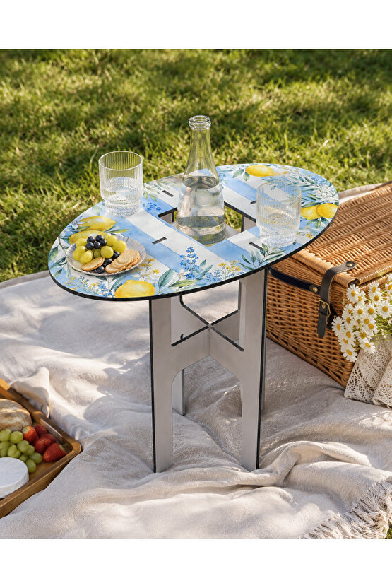 Limon Desenli Çok Amaçlı Geçmeli Yan Sehpa – 5 mm MDF, 3 Parça, Kolay Kurulum, Balkon Piknik Kamp Sahil Sehpası