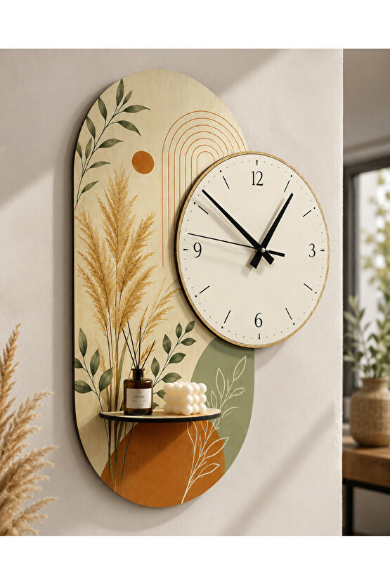 Dekoratif Raflı Sessiz Duvar Saati 37,5 × 50 cm – Çift Kat MDF Botanik Tasarım