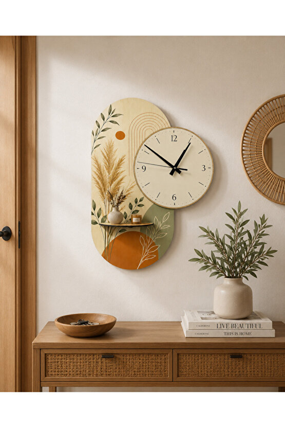 Dekoratif Raflı Sessiz Duvar Saati 37,5 × 50 cm – Çift Kat MDF Botanik Tasarım