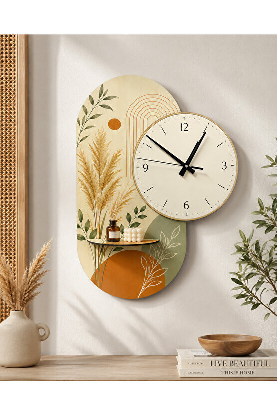 Dekoratif Raflı Sessiz Duvar Saati 37,5 × 50 cm – Çift Kat MDF Botanik Tasarım