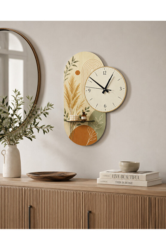 Dekoratif Raflı Sessiz Duvar Saati 37,5 × 50 cm – Çift Kat MDF Botanik Tasarım