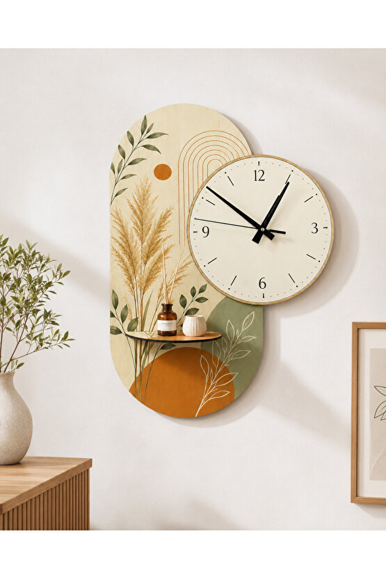 Dekoratif Raflı Sessiz Duvar Saati 37,5 × 50 cm – Çift Kat MDF Botanik Tasarım