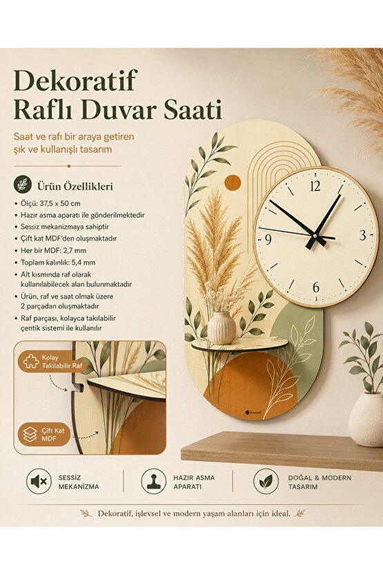 Dekoratif Raflı Sessiz Duvar Saati 37,5 × 50 cm – Çift Kat MDF Botanik Tasarım