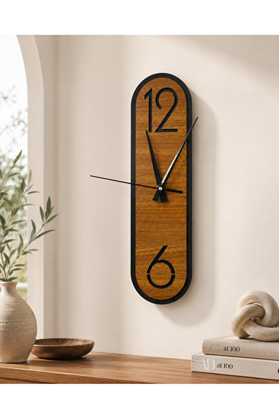 Modern Ahşap Ceviz Rengi Desenli Siyah Çerçeveli Sessiz Duvar Saati 40 × 11 cm