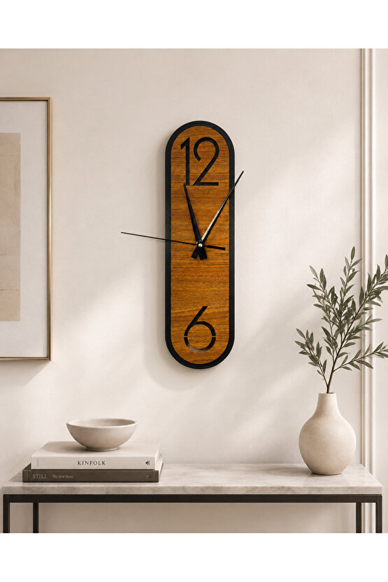 Modern Ahşap Ceviz Rengi Desenli Siyah Çerçeveli Sessiz Duvar Saati 40 × 11 cm