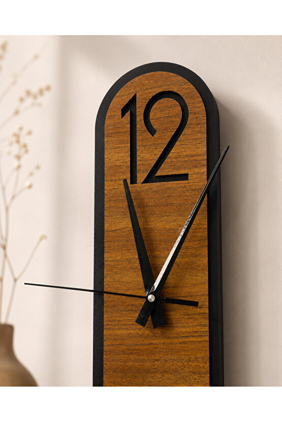 Modern Ahşap Ceviz Rengi Desenli Siyah Çerçeveli Sessiz Duvar Saati 40 × 11 cm