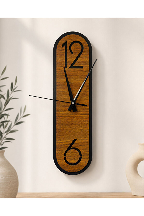 Modern Ahşap Ceviz Rengi Desenli Siyah Çerçeveli Sessiz Duvar Saati 40 × 11 cm