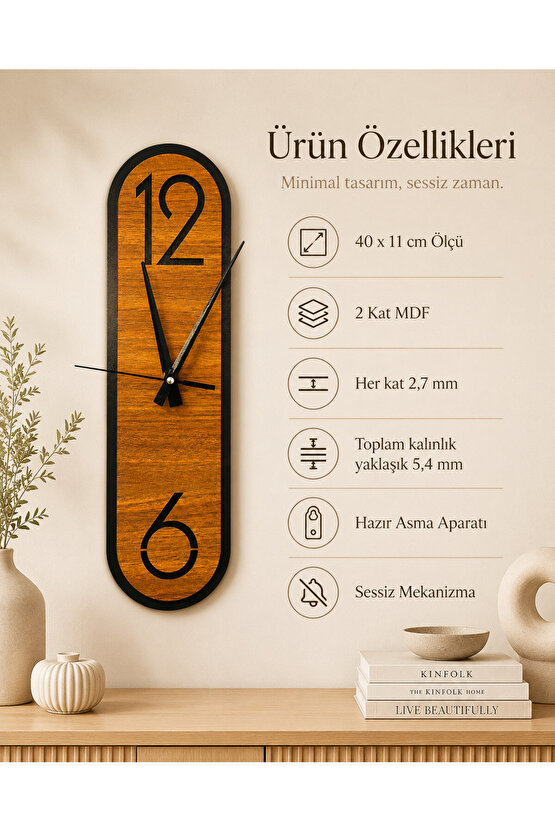 Modern Ahşap Ceviz Rengi Desenli Siyah Çerçeveli Sessiz Duvar Saati 40 × 11 cm