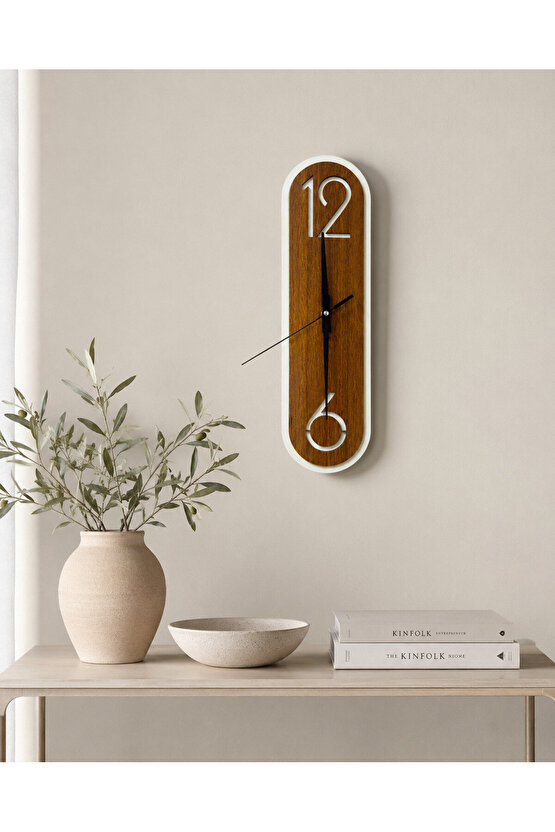 Modern Ahşap Ceviz Rengi Desenli Beyaz Çerçeveli Sessiz Duvar Saati 40 × 11 cm