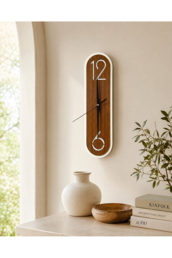 Modern Ahşap Ceviz Rengi Desenli Beyaz Çerçeveli Sessiz Duvar Saati 40 × 11 cm