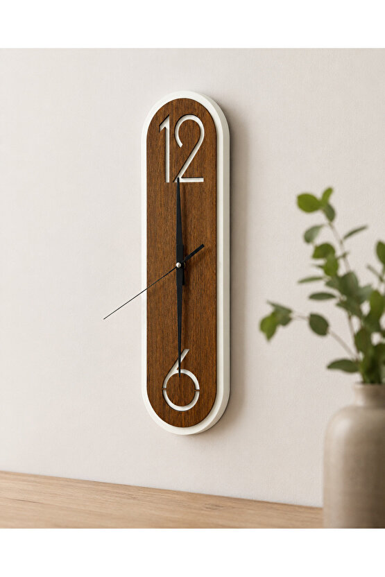 Modern Ahşap Ceviz Rengi Desenli Beyaz Çerçeveli Sessiz Duvar Saati 40 × 11 cm