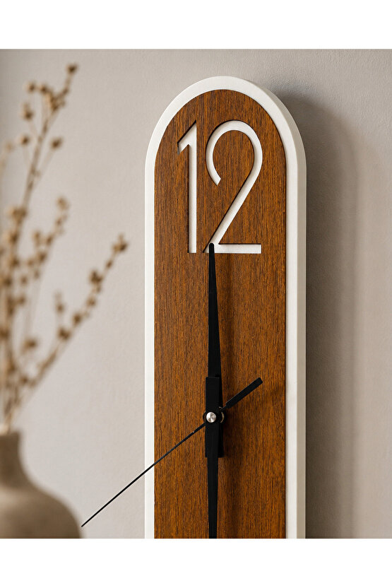Modern Ahşap Ceviz Rengi Desenli Beyaz Çerçeveli Sessiz Duvar Saati 40 × 11 cm