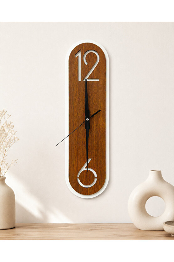 Modern Ahşap Ceviz Rengi Desenli Beyaz Çerçeveli Sessiz Duvar Saati 40 × 11 cm