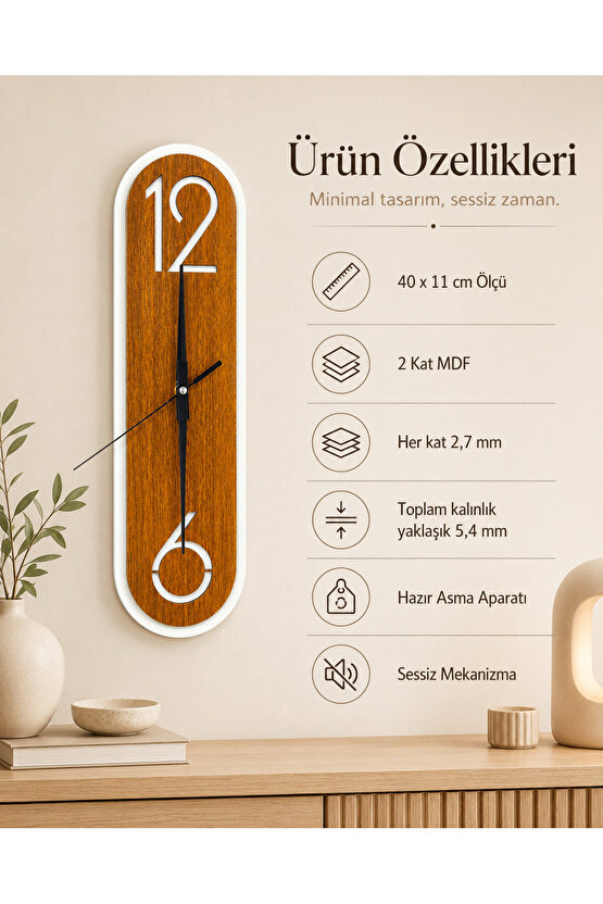 Modern Ahşap Ceviz Rengi Desenli Beyaz Çerçeveli Sessiz Duvar Saati 40 × 11 cm